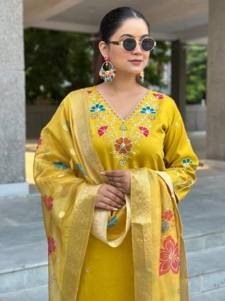 Floral Embroidered Hand Work Suits Yellow Kurta Pant Sets With Dupatta