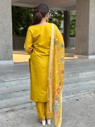 Floral Embroidered Hand Work Suits Yellow Kurta Pant Sets With Dupatta