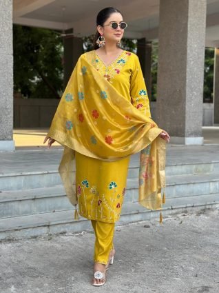 Floral Embroidered Hand Work Suits Yellow Kurta Pant Sets With Dupatta