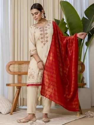 Floral Embroidered Kurta Set with Banarasi Style Red Dupatta