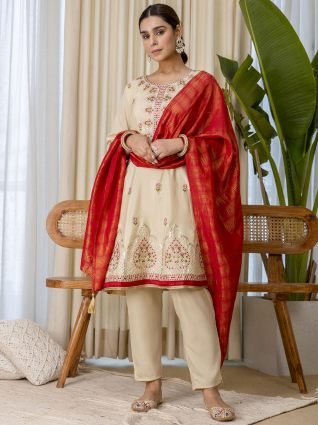 Floral Embroidered Kurta Set with Banarasi Style Red Dupatta