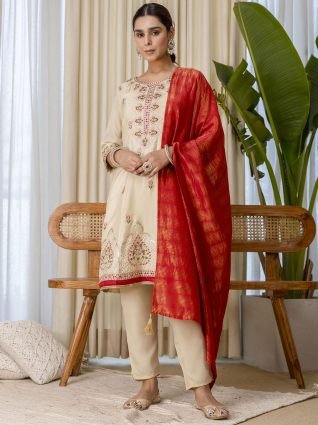 Floral Embroidered Kurta Set with Banarasi Style Red Dupatta