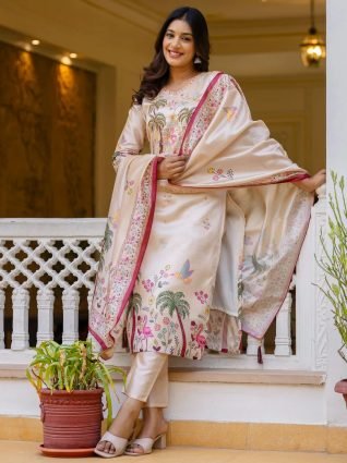 Floral Printed Handwork Silk Straight Kurta With Trousers   Dupatta Suits