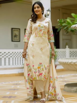 Floral Printed Handwork Silk Straight Kurta With Trousers   Dupatta Suits