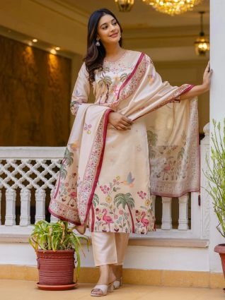 Floral Printed Handwork Silk Straight Kurta With Trousers   Dupatta Suits