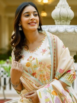 Floral Printed Handwork Silk Straight Kurta With Trousers   Dupatta Suits