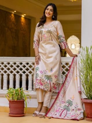 Floral Printed Handwork Silk Straight Kurta With Trousers   Dupatta Suits