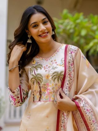 Floral Printed Handwork Silk Straight Kurta With Trousers   Dupatta Suits