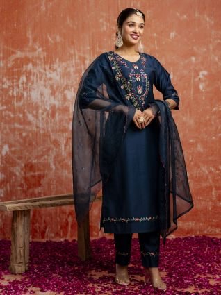 Floral Yoke Design V Neck Sequinned Straight Kurta With Trousers   Dupatta