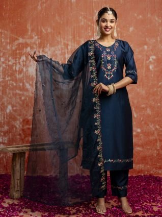 Floral Yoke Design V Neck Sequinned Straight Kurta With Trousers   Dupatta