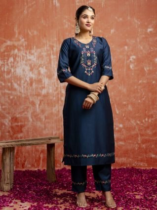 Floral Yoke Design V Neck Sequinned Straight Kurta With Trousers   Dupatta