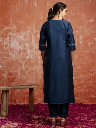 Floral Yoke Design V Neck Sequinned Straight Kurta With Trousers   Dupatta