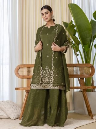  Green Festive Thread Work Kurta Set with Sheer Wrap
