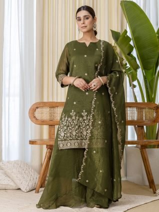 Green Festive Thread Work Kurta Set with Sheer Wrap