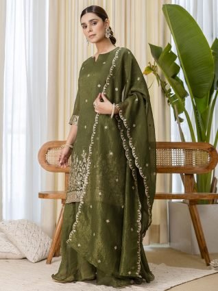 Green Festive Thread Work Kurta Set with Sheer Wrap