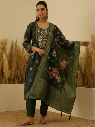 Green Silk Blend Embroidered Straight Kurta Set with Trousers   Dupatta