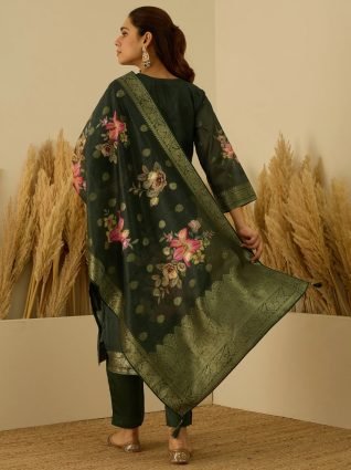 Green Silk Blend Embroidered Straight Kurta Set with Trousers   Dupatta