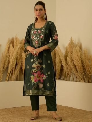 Green Silk Blend Embroidered Straight Kurta Set with Trousers   Dupatta