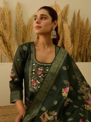 Green Silk Blend Embroidered Straight Kurta Set with Trousers   Dupatta