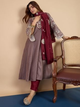  Grey Festive Embroidered A Line Kurta Set