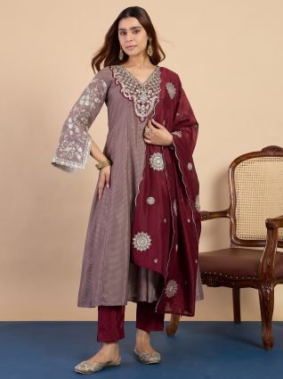 Grey Festive Embroidered A Line Kurta Set