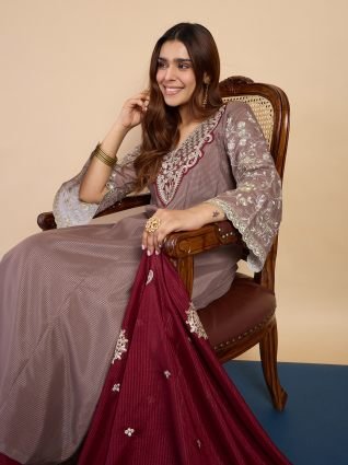 Grey Festive Embroidered A Line Kurta Set