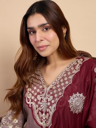 Grey Festive Embroidered A Line Kurta Set