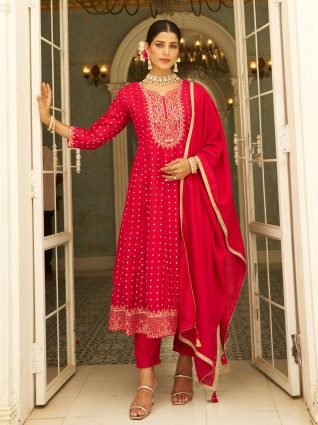 ilk Blend Anarkali Kurta Set Elegant Readymade Embroidered Fancy Neck Three Quarter Sleeves With Pant Dupatta Set