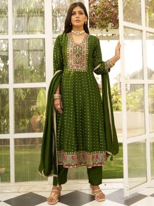 ilk Blend Anarkali Kurta Set Elegant Readymade Embroidered Fancy Neck Three Quarter Sleeves With Pant Dupatta Set