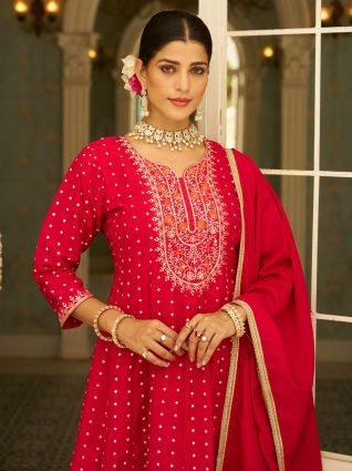 ilk Blend Anarkali Kurta Set Elegant Readymade Embroidered Fancy Neck Three Quarter Sleeves With Pant Dupatta Set