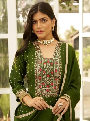 ilk Blend Anarkali Kurta Set Elegant Readymade Embroidered Fancy Neck Three Quarter Sleeves With Pant Dupatta Set