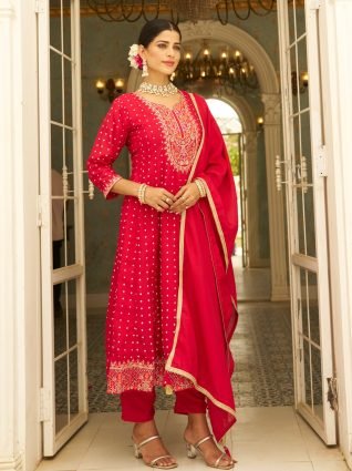ilk Blend Anarkali Kurta Set Elegant Readymade Embroidered Fancy Neck Three Quarter Sleeves With Pant Dupatta Set