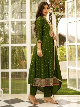 ilk Blend Anarkali Kurta Set Elegant Readymade Embroidered Fancy Neck Three Quarter Sleeves With Pant Dupatta Set