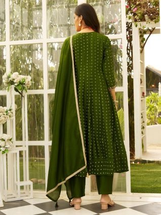 ilk Blend Anarkali Kurta Set Elegant Readymade Embroidered Fancy Neck Three Quarter Sleeves With Pant Dupatta Set