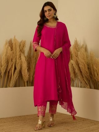 Kurta and Pant Dupatta Sets Silk Blend Fabrics with Embroidery
