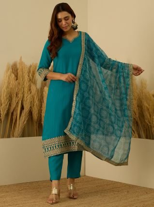 Kurta and Pant Dupatta Sets Silk Blend Fabrics with Embroidery