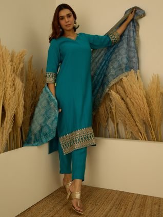 Kurta and Pant Dupatta Sets Silk Blend Fabrics with Embroidery