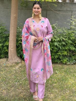Lavender floral Placement Print Viscose Silk Suit Set with Sequence and Hand work