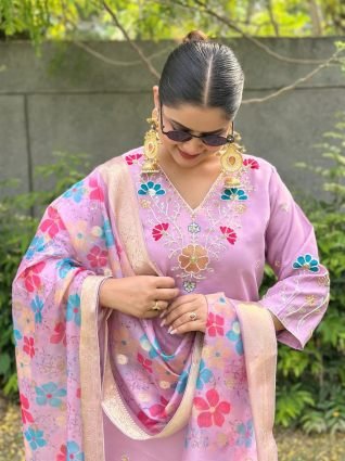 Lavender floral Placement Print Viscose Silk Suit Set with Sequence and Hand work