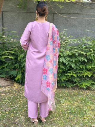 Lavender floral Placement Print Viscose Silk Suit Set with Sequence and Hand work