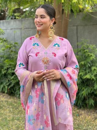 Lavender floral Placement Print Viscose Silk Suit Set with Sequence and Hand work