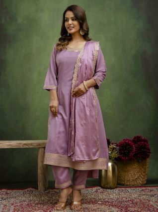 Lavender Stylish Anarkali Kurta Set Ready to Wear Soft Silk Fabric with Embroidered Dupatta Tailored Fit