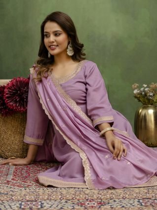 Lavender Stylish Anarkali Kurta Set Ready to Wear Soft Silk Fabric with Embroidered Dupatta Tailored Fit