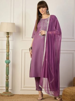 Lavender Women Kurta and Pant Sets Cotton Blend Fabric
