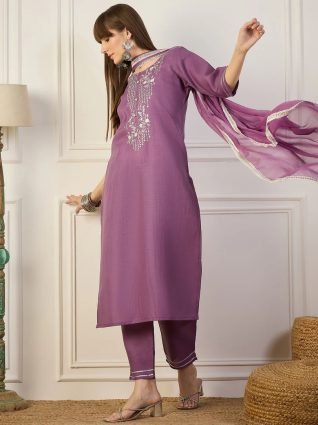 Lavender Women Kurta and Pant Sets Cotton Blend Fabric