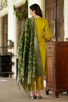 Lemon Silk Blend Kurta With Dupatta Set
