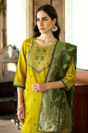 Lemon Silk Blend Kurta With Dupatta Set