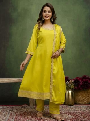Lemon Stylish Anarkali Kurta Set Ready to Wear Soft Silk Fabric with Embroidered Dupatta Tailored Fit