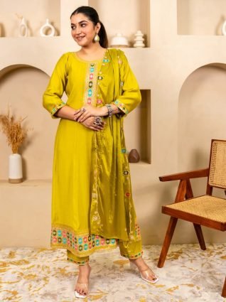 Lemon Stylish Anarkali Kurta Set Ready to Wear Soft Silk Fabric with Embroidered Dupatta Tailored Fit