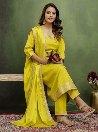 Lemon Stylish Anarkali Kurta Set Ready to Wear Soft Silk Fabric with Embroidered Dupatta Tailored Fit